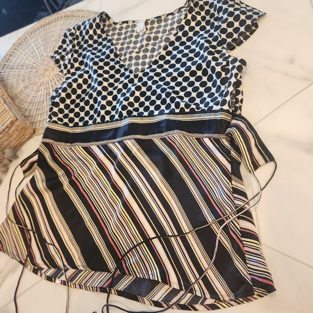 [Old Navy]Y2K cutest multi mix stripes & pok a dot silky feel blouse w/waist tie - Picture 2 of 8